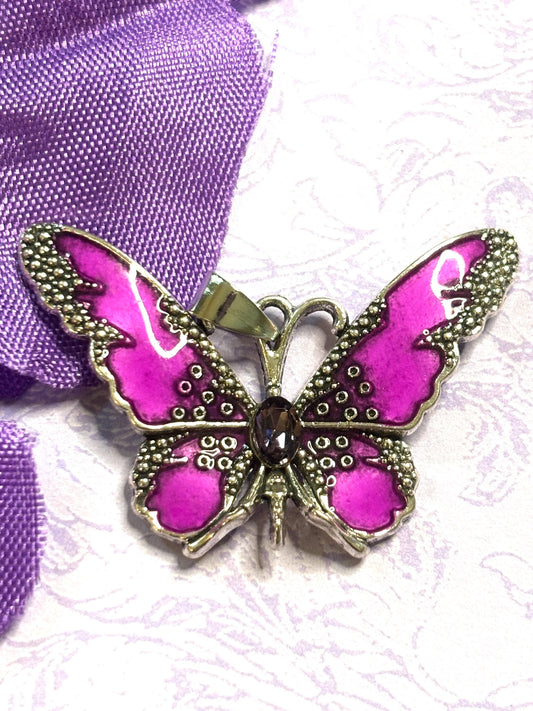 Vivid Butterfly Pendant Necklace Colorful Enamel Jewelry with Silver Accents and 18 Inch PU Leather Cord five Color Options