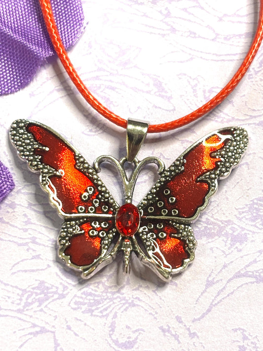 Vivid Butterfly Pendant Necklace Colorful Enamel Jewelry with Silver Accents and 18 Inch PU Leather Cord four Color Options