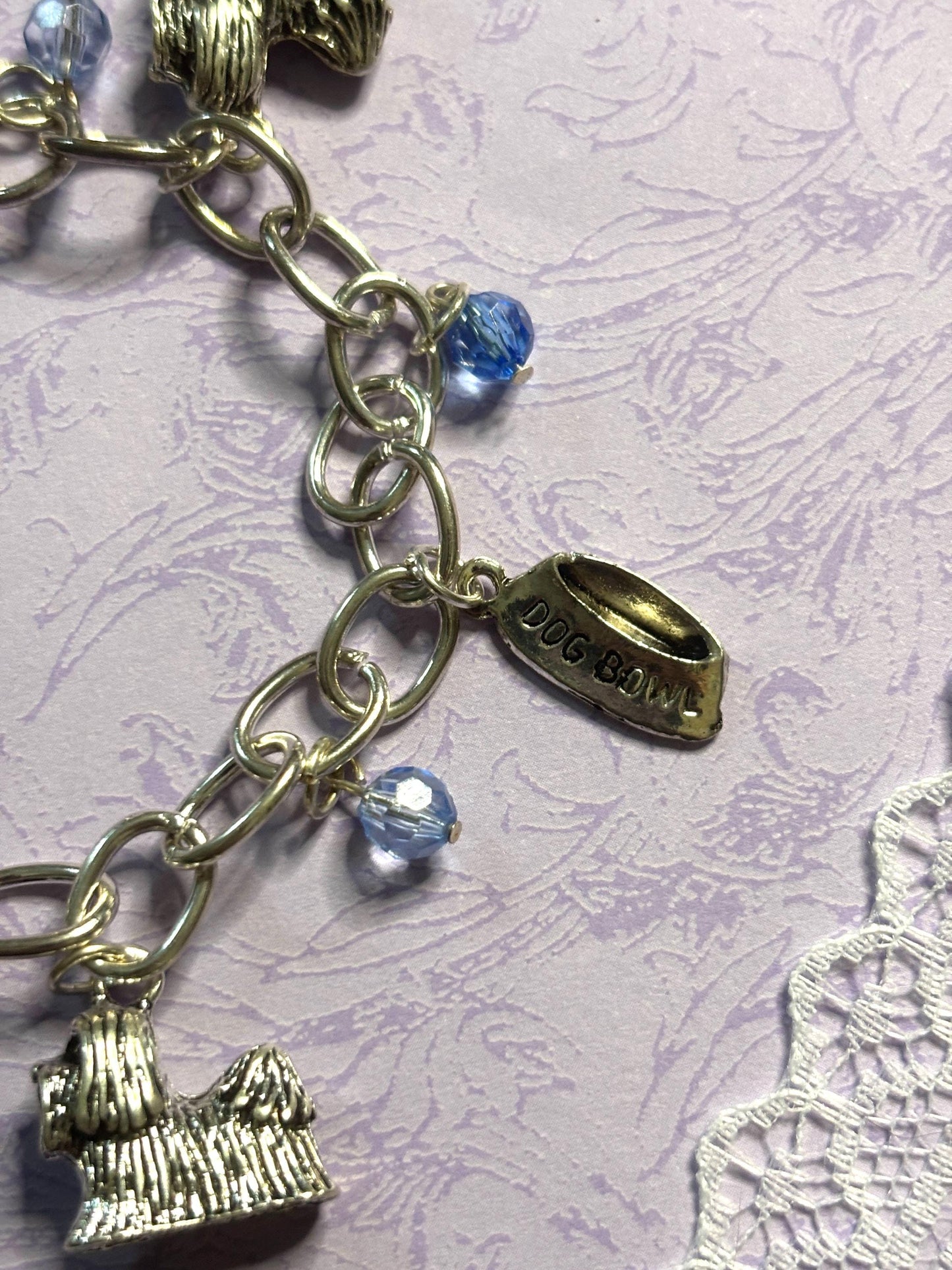 Silver Shih Tzu Charm Bracelet Dog Lover Jewelry with 3D Shih Tzu Charms Fire Hydrant Dog Bowl and Blue Beads on Silver Chain