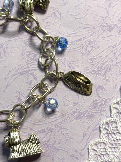 Silver Shih Tzu Charm Bracelet Dog Lover Jewelry with 3D Shih Tzu Charms Fire Hydrant Dog Bowl and Blue Beads on Silver Chain
