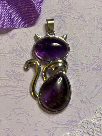 Statement Silver Cat Pendant on 18 Inch Black Cord with Cabochon Options Tiger Eye Rose Amethyst White Green Striped and More
