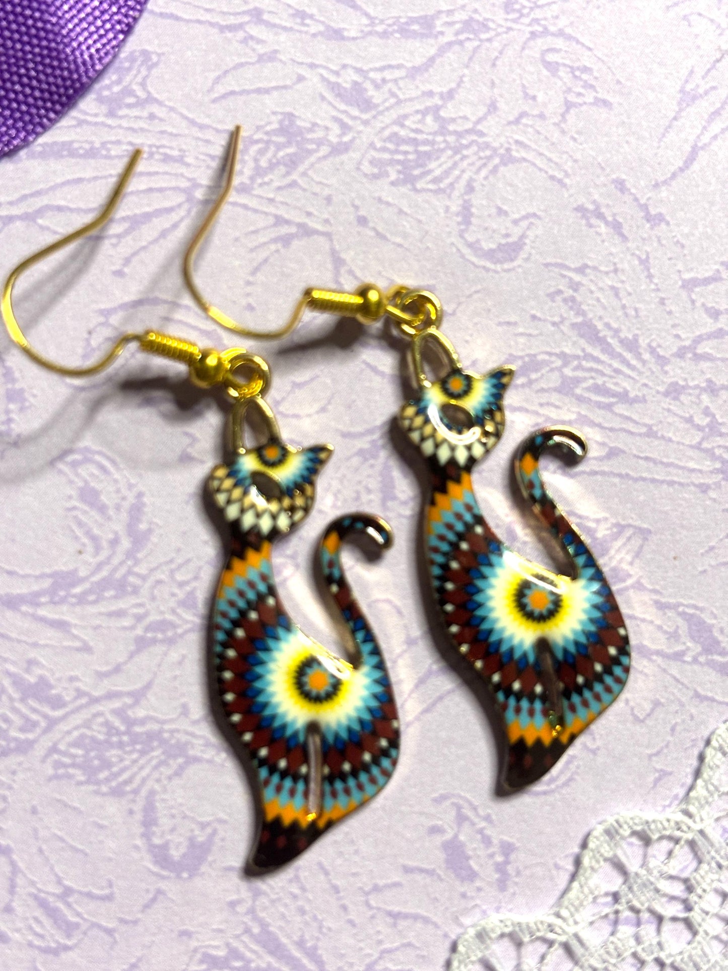 Elegant Cat Earrings Enamel Cat Jewelry Gold Plated Lightweight Hypoallergenic Hooks Stylish Cat Lover Gift in Floral and Colorful Designs