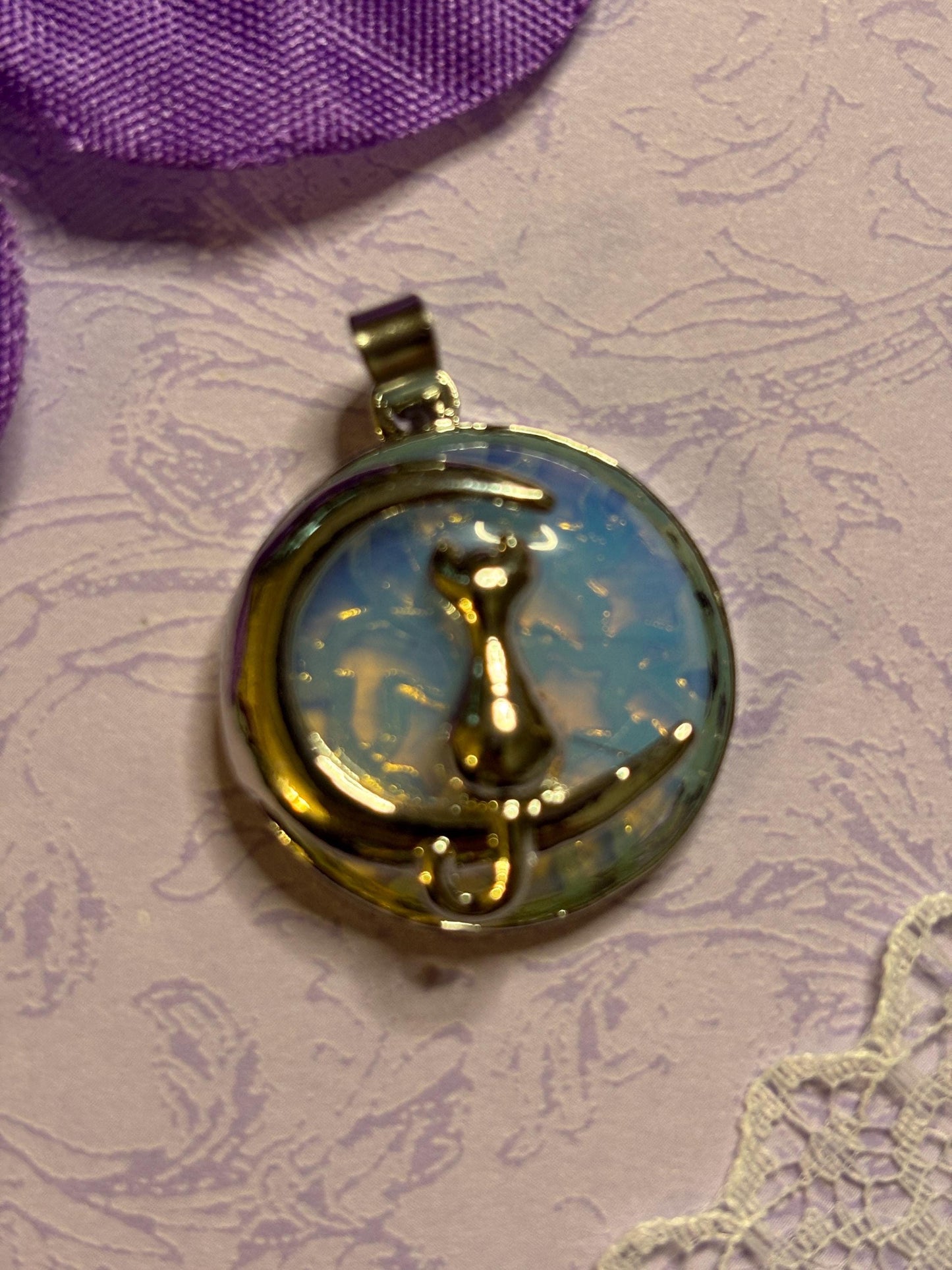 Silver Cat and Moon Pendant on 18 Inch 925 Silver Chain Cabochon Jewelry with Black Green Rose Moonstone Tiger Eye and More