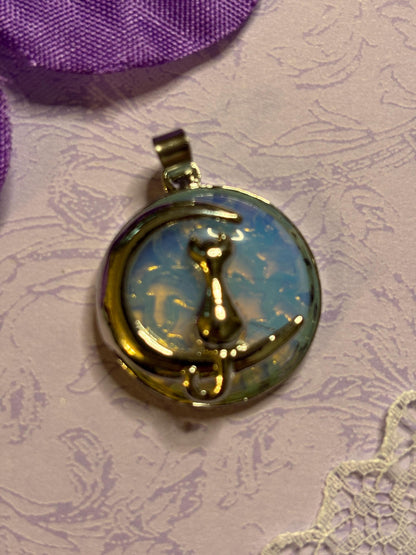 Silver Cat and Moon Pendant on 18 Inch 925 Silver Chain Cabochon Jewelry with Black Green Rose Moonstone Tiger Eye and More