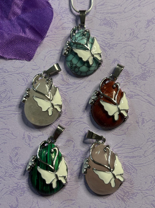 White Butterfly Pendants Natural Stone Necklace Silver Snake Chain Enamel Jewelry with Silver Plated Accents Gift for Nature Lovers