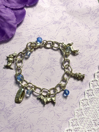 Silver Dachshund Charm Bracelet Dog Lover Jewelry with 3D Wiener Dog Charms Fire Hydrant Dog Bowl and Blue Beads on Silver Chain