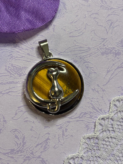 Silver Cat and Moon Pendant on 18 Inch 925 Silver Chain Cabochon Jewelry with Black Green Rose Moonstone Tiger Eye and More