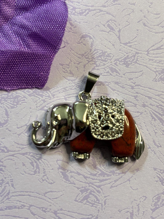 Stone and Silver Elephant Pendants Natural Gemstone Necklace Black Leather Cord Silver Plated Accents Handmade Gift for Animal Lovers