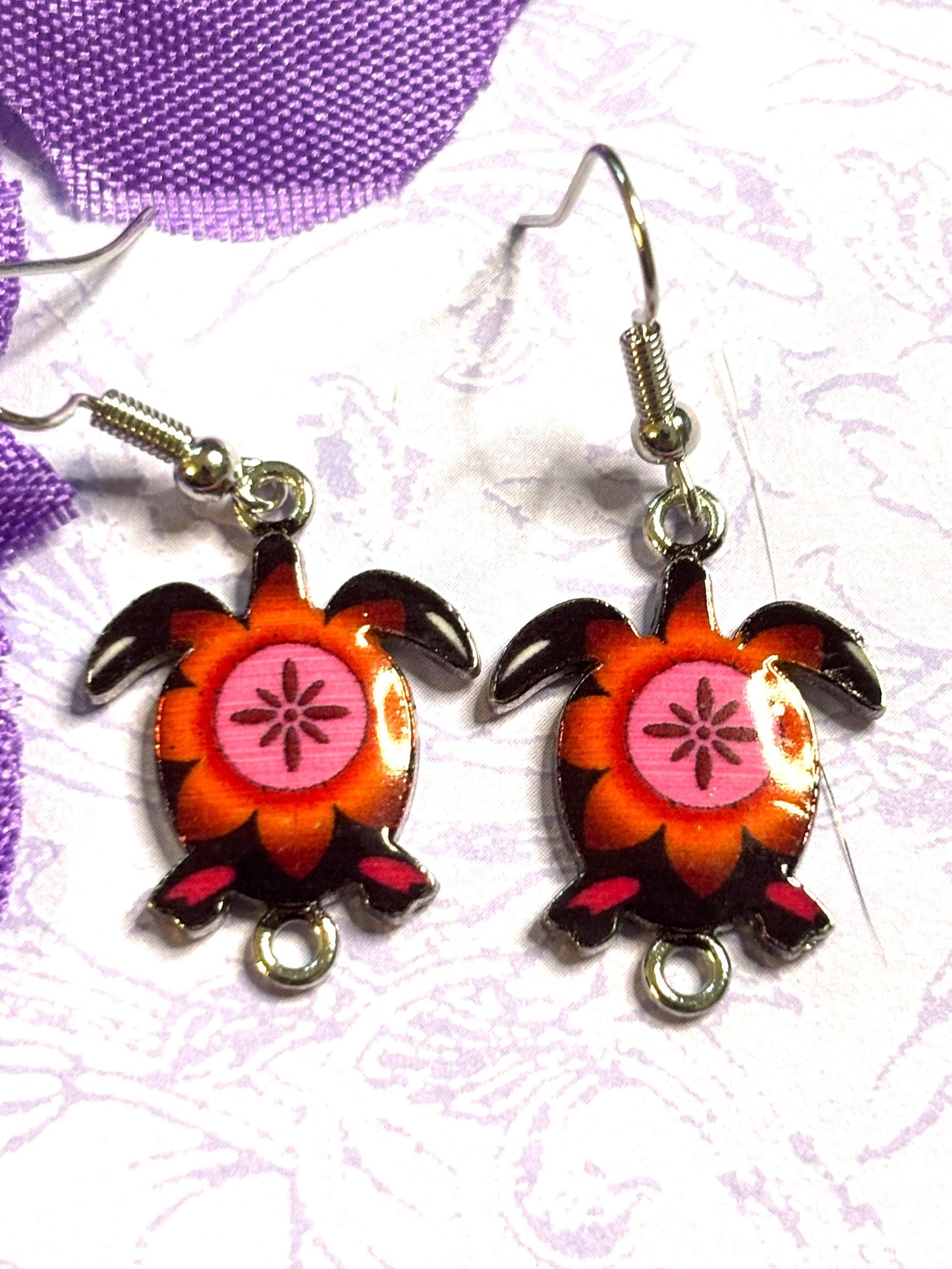 Colorful Turtle Earrings with Vivid Enamel Colors Silver Backs and Hypoallergenic Hooks in Seven Fun and Bright Color Options