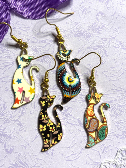 Elegant Cat Earrings Enamel Cat Jewelry Gold Plated Lightweight Hypoallergenic Hooks Stylish Cat Lover Gift in Floral and Colorful Designs
