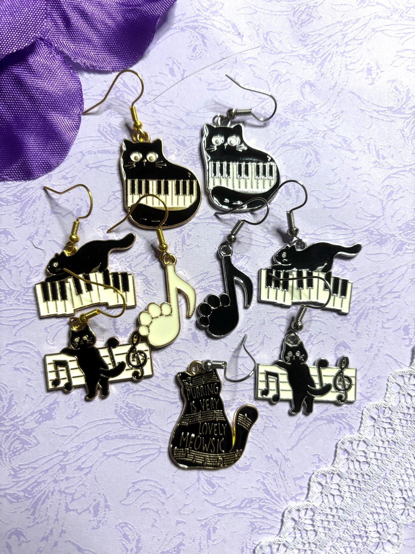 Musical Cat Earrings Enamel Cat Jewelry Gold or Silver Plated Lightweight Hypoallergenic Hooks Music Lover Gift for Cat and Piano Fans
