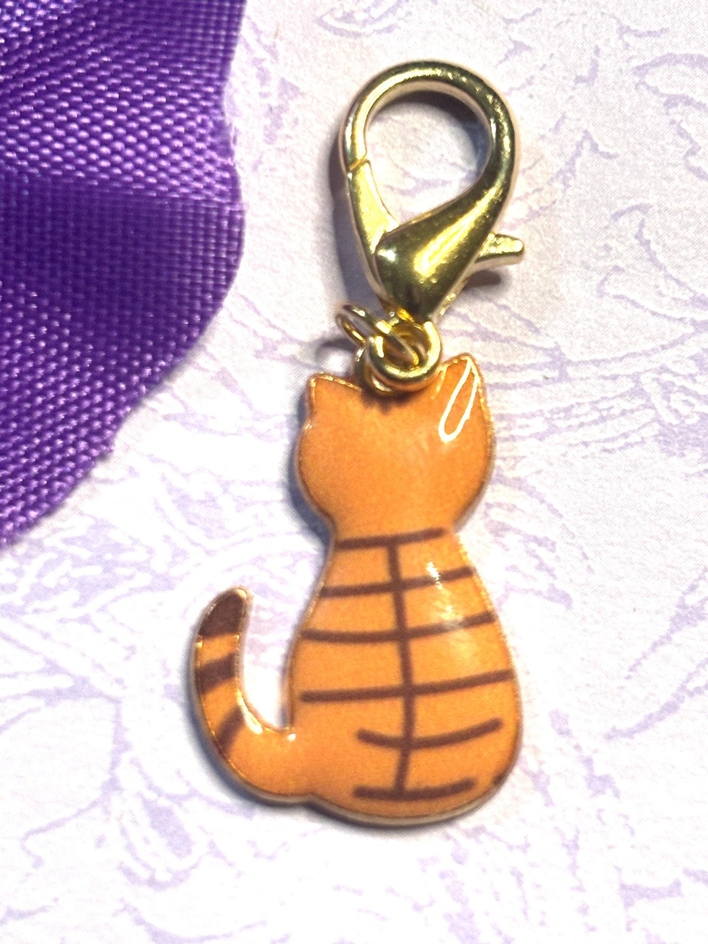 Floral Cat Purse Charm Bag Charm Bookbag Charm Zipper Pull Gold Cat Clip Cute Cat Lover Gift Calico Tabby Floral Cat Accessory
