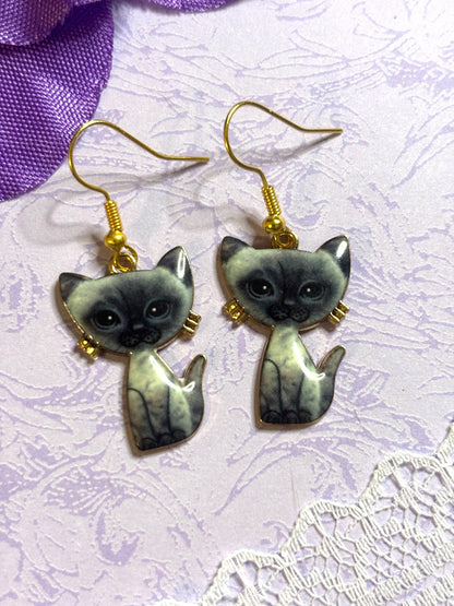 Small Sweet Cat Earrings Enamel Cat Jewelry Gold Plated Lightweight Hypoallergenic Hooks Cute Petite Gift for Cat Lovers in Soft Colors