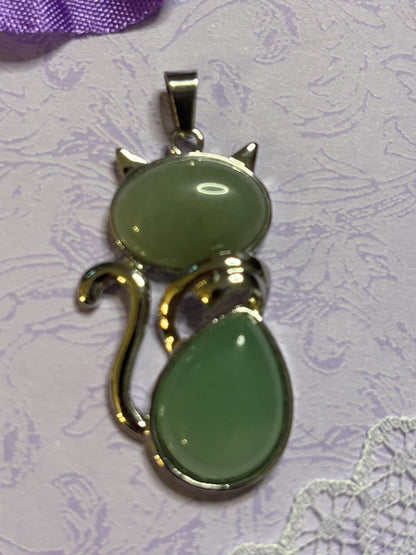 Statement Silver Cat Pendant on 18 Inch Black Cord with Cabochon Options Tiger Eye Rose Amethyst White Green Striped and More