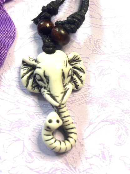 Statement Faux Ivory Elephant Pendant Necklace Adjustable Leather Cord Tribal Style Elephant Jewelry Bold Boho Animal Necklace for Her