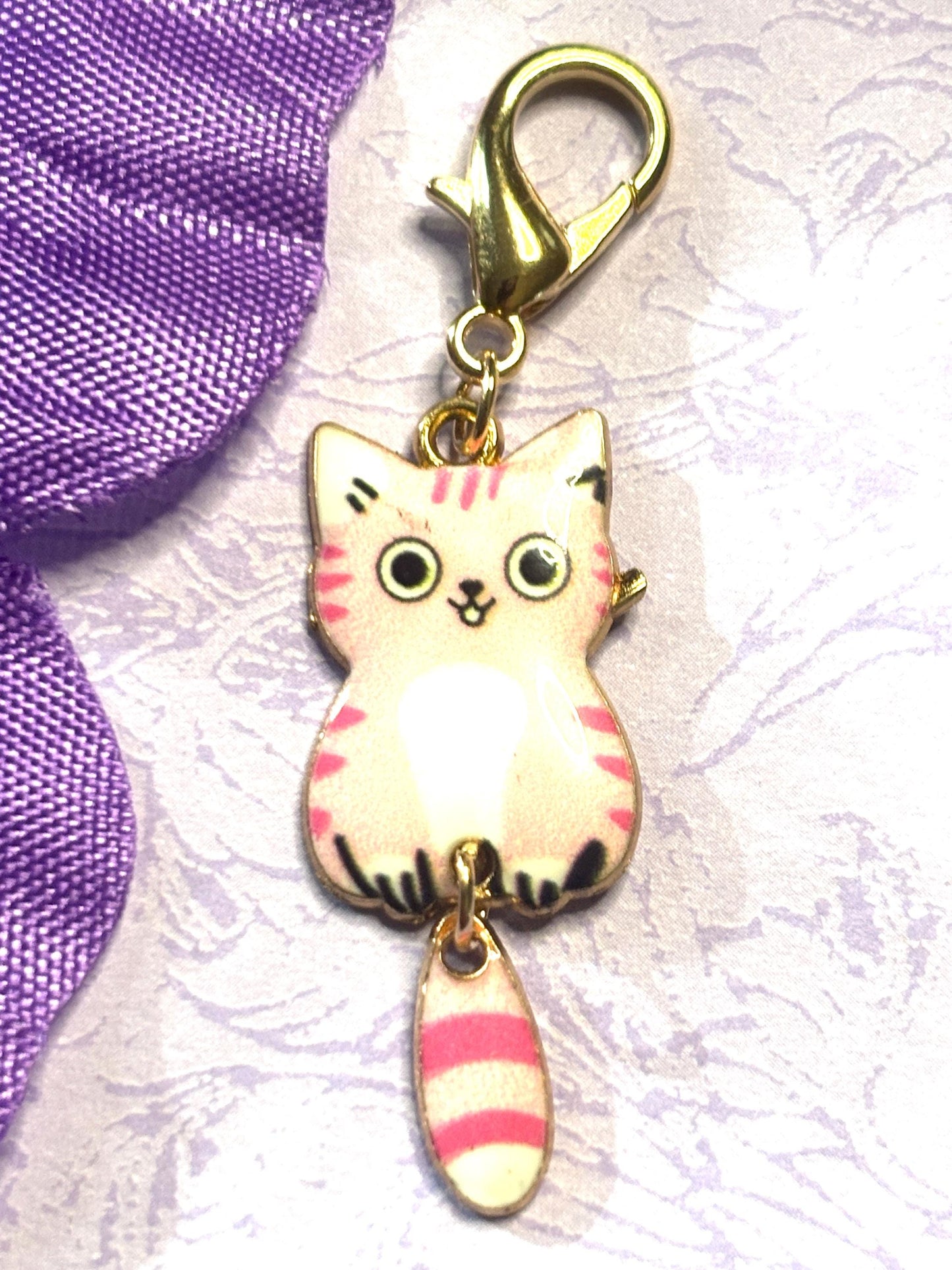 Dangly Tail Cat Purse Charm Bag Charm Bookbag Charm Zipper Pull with Gold Plated Back and Lobster Claw Clasp in Six Fun Cat Colors