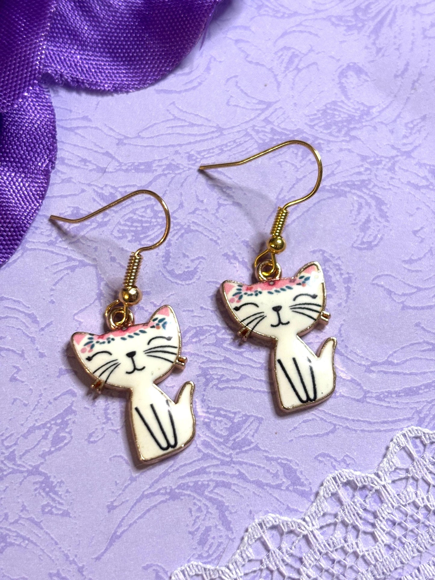 Small Sweet Cat Earrings Enamel Cat Jewelry Gold Plated Lightweight Hypoallergenic Hooks Cute Petite Gift for Cat Lovers in Soft Colors