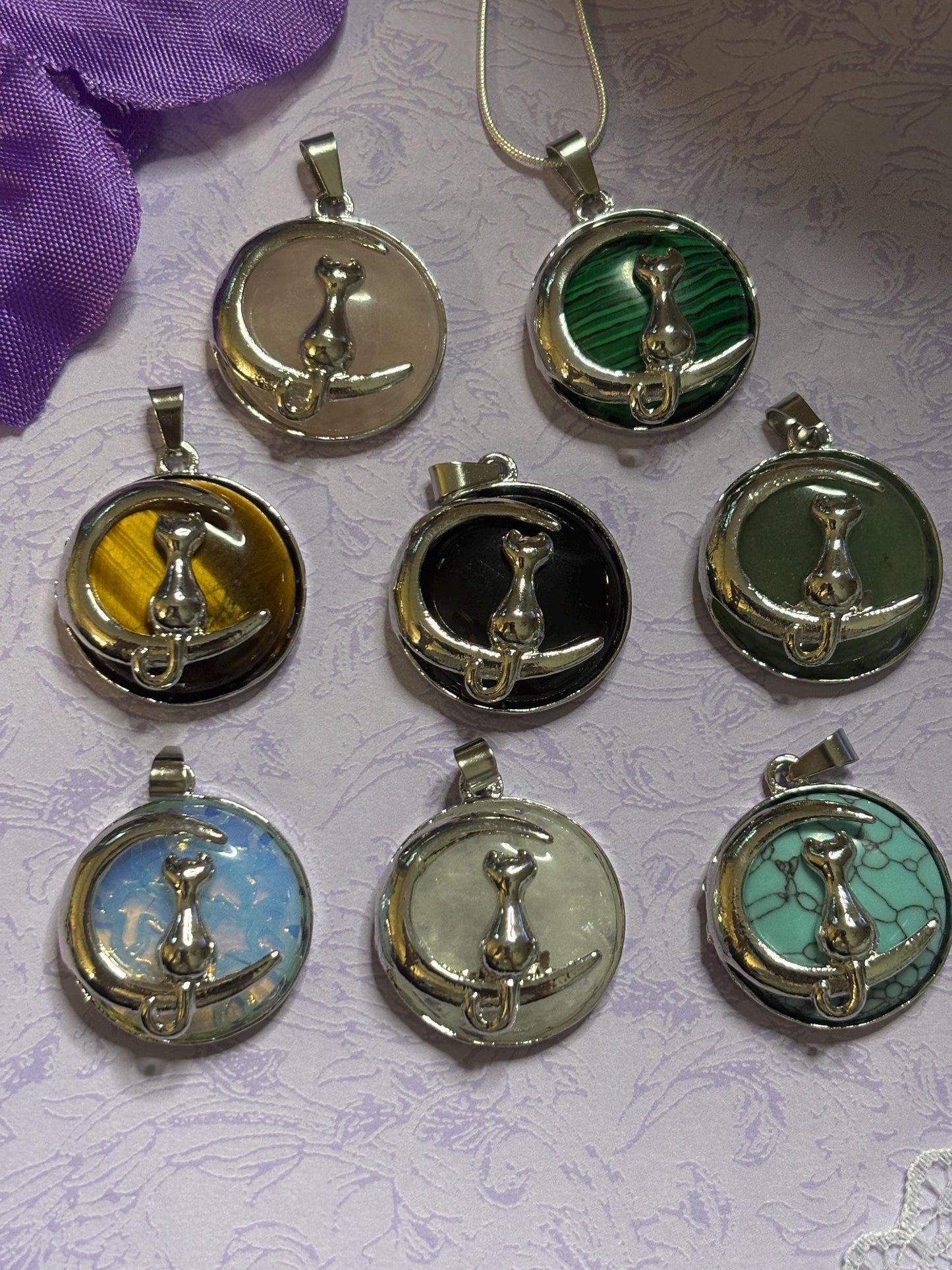 Silver Cat and Moon Pendant on 18 Inch 925 Silver Chain Cabochon Jewelry with Black Green Rose Moonstone Tiger Eye and More