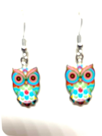 Colorful Owl Earrings, Owl Jewelry, Owl Charms, Animal Jewelry, Bird themed jewelry, Nature inspired jewelry, Enamel Owl Earrings