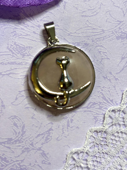 Silver Cat and Moon Pendant on 18 Inch 925 Silver Chain Cabochon Jewelry with Black Green Rose Moonstone Tiger Eye and More