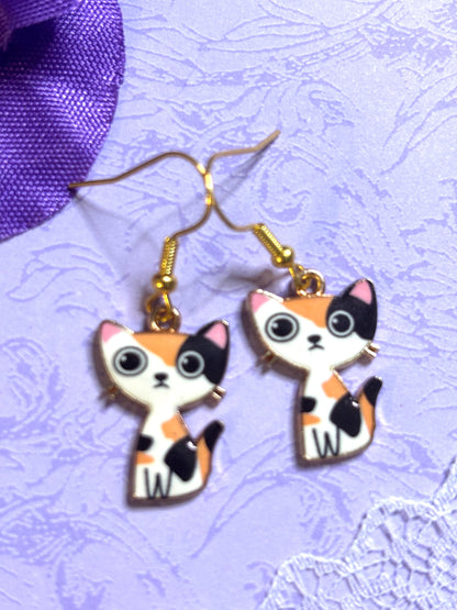 Small Sweet Cat Earrings Enamel Cat Jewelry Gold Plated Lightweight Hypoallergenic Hooks Cute Petite Gift for Cat Lovers in Soft Colors