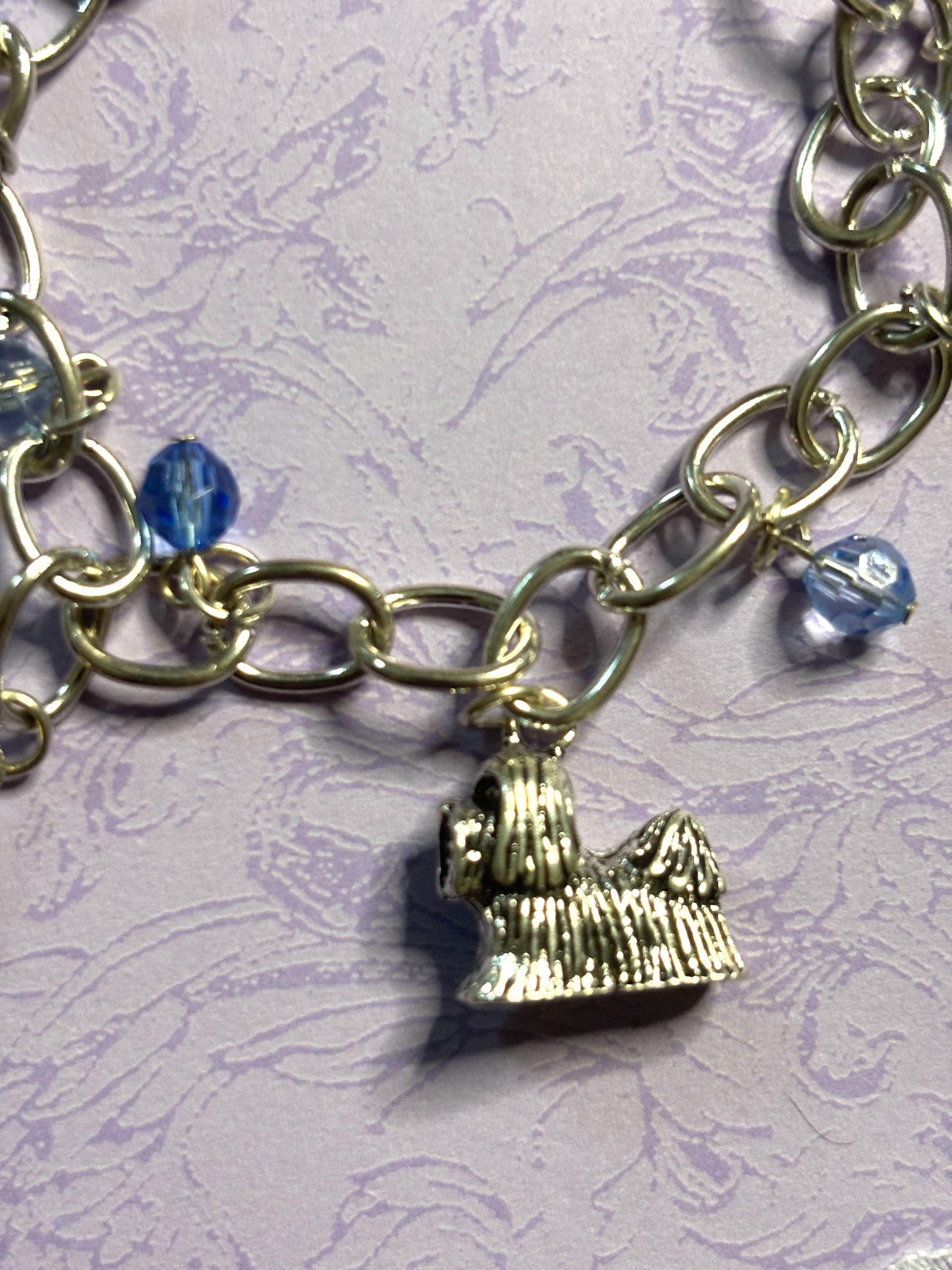 Silver Shih Tzu Charm Bracelet Dog Lover Jewelry with 3D Shih Tzu Charms Fire Hydrant Dog Bowl and Blue Beads on Silver Chain