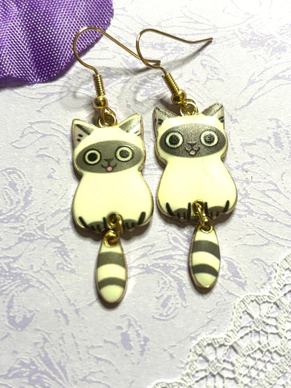 Dangly Tail Cat Earrings Enamel Cat Jewelry with Gold Plating Lightweight Hypoallergenic Hooks Cute Cat Lover Gift in Multiple Colors