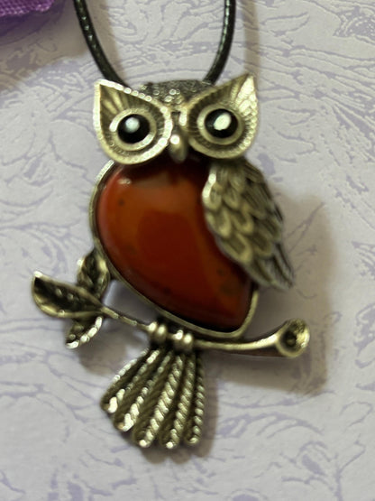 Statement Stone and Silver Owl Pendants Natural Gemstone Necklace with Leather Cord Silver Plated Accents Unique Gift for Owl Lovers