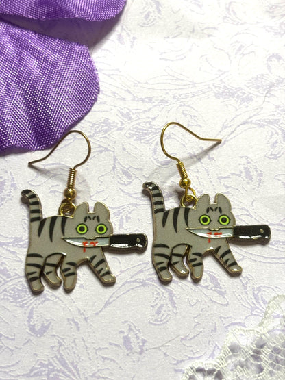 Murder Cat Earrings Funny Cat Jewelry Enamel Cat Earrings with Gold Plating Lightweight Hypoallergenic Hooks Gift for Cat Lovers
