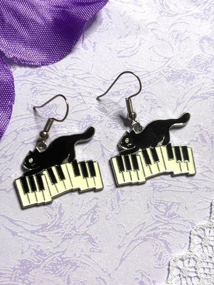 Musical Cat Earrings Enamel Cat Jewelry Gold or Silver Plated Lightweight Hypoallergenic Hooks Music Lover Gift for Cat and Piano Fans