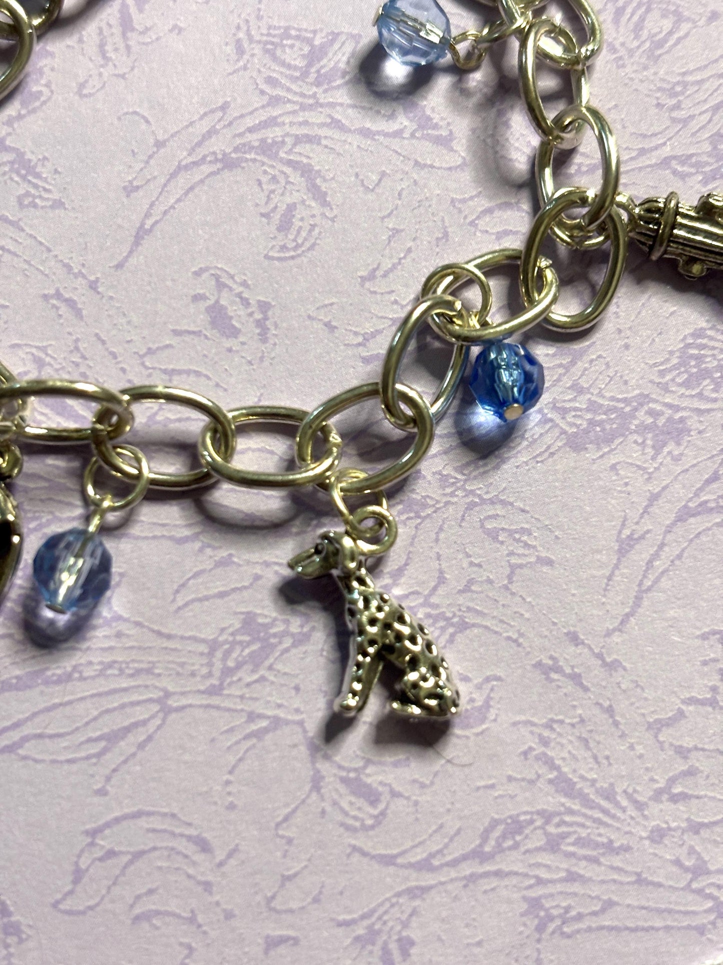 Silver Dalmatian Charm Bracelet Dog Lover Jewelry with 3D Charms Fire Hydrant Dog Bowl and Blue Beads on Silver Plated Chain