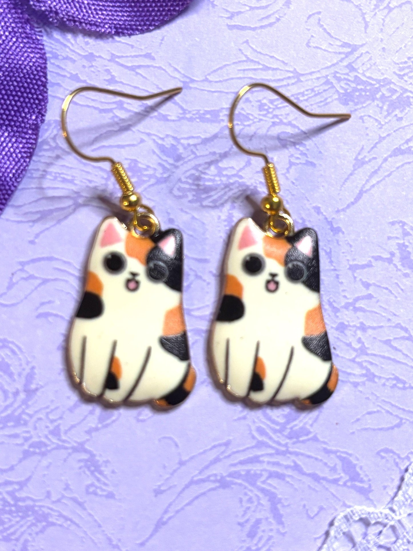 Fluffy Cat Earrings Enamel Cat Jewelry Gold Plated Lightweight Hypoallergenic Hooks Cute Gift for Cat Lovers in Tabby and Himalayan Styles