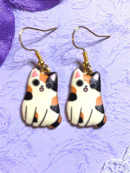Fluffy Cat Earrings Enamel Cat Jewelry Gold Plated Lightweight Hypoallergenic Hooks Cute Gift for Cat Lovers in Tabby and Himalayan Styles