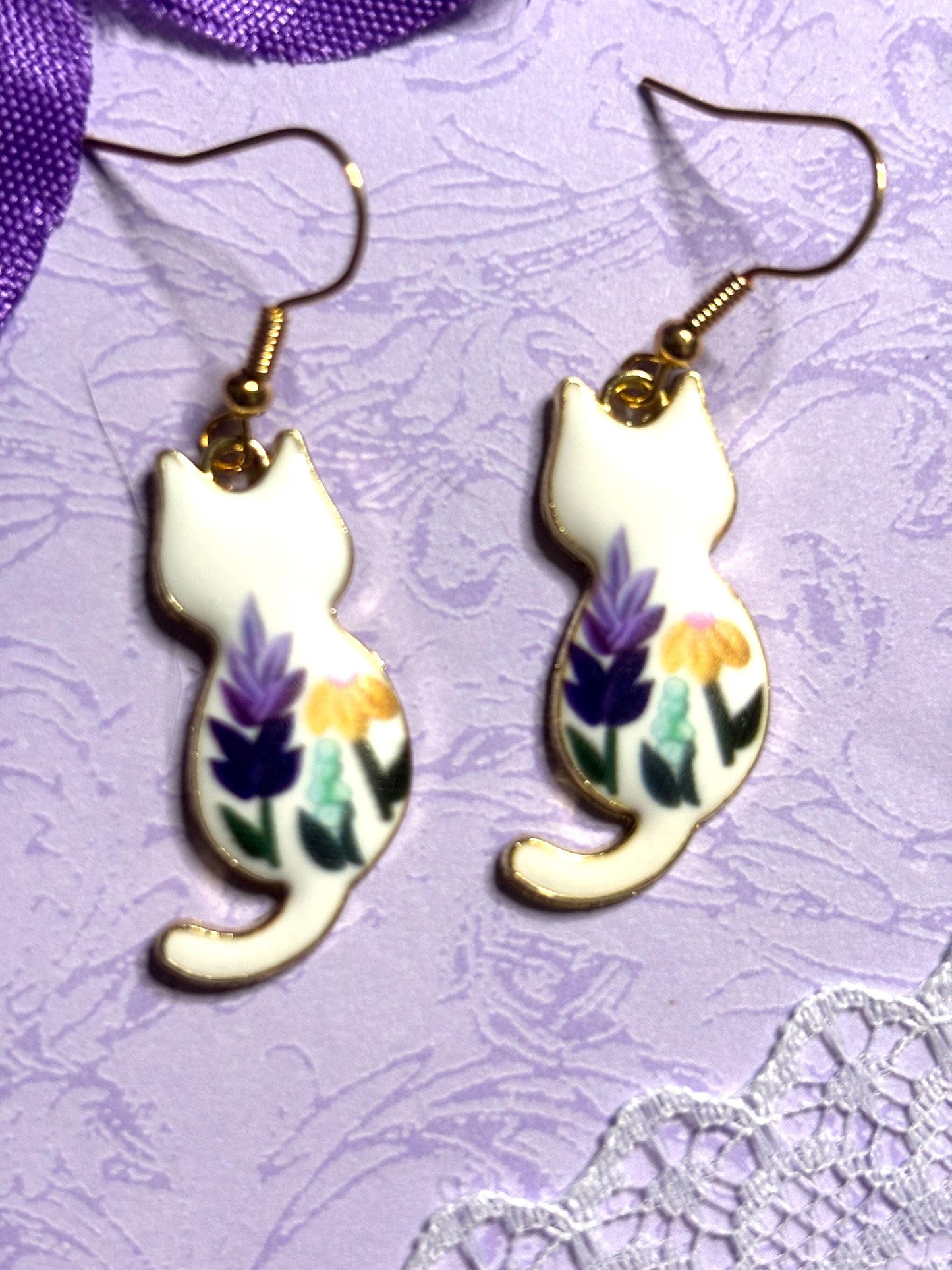 Floral Cat Earrings Enamel Cat Jewelry Gold Plated Lightweight Hypoallergenic Hooks Cute Cat Lover Gift in Floral and Animal Breed Styles