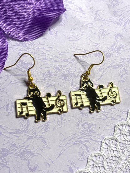 Musical Cat Earrings Enamel Cat Jewelry Gold or Silver Plated Lightweight Hypoallergenic Hooks Music Lover Gift for Cat and Piano Fans