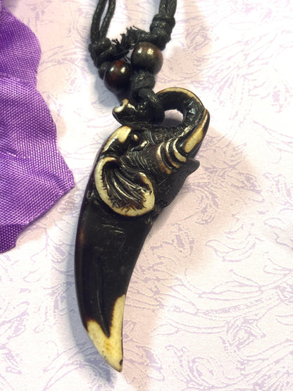 Faux Ivory Elephant Pendant Necklace Adjustable Leather Cord Tribal Style Elephant Jewelry Boho Animal Necklace for Nature Lover Gift