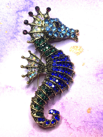 Rhinestone Sea Horse Broaches Pins Sparkling Ocean Jewelry Red Green and Blue Gem Seahorse Broach Colorful Sea Life Pins for Women