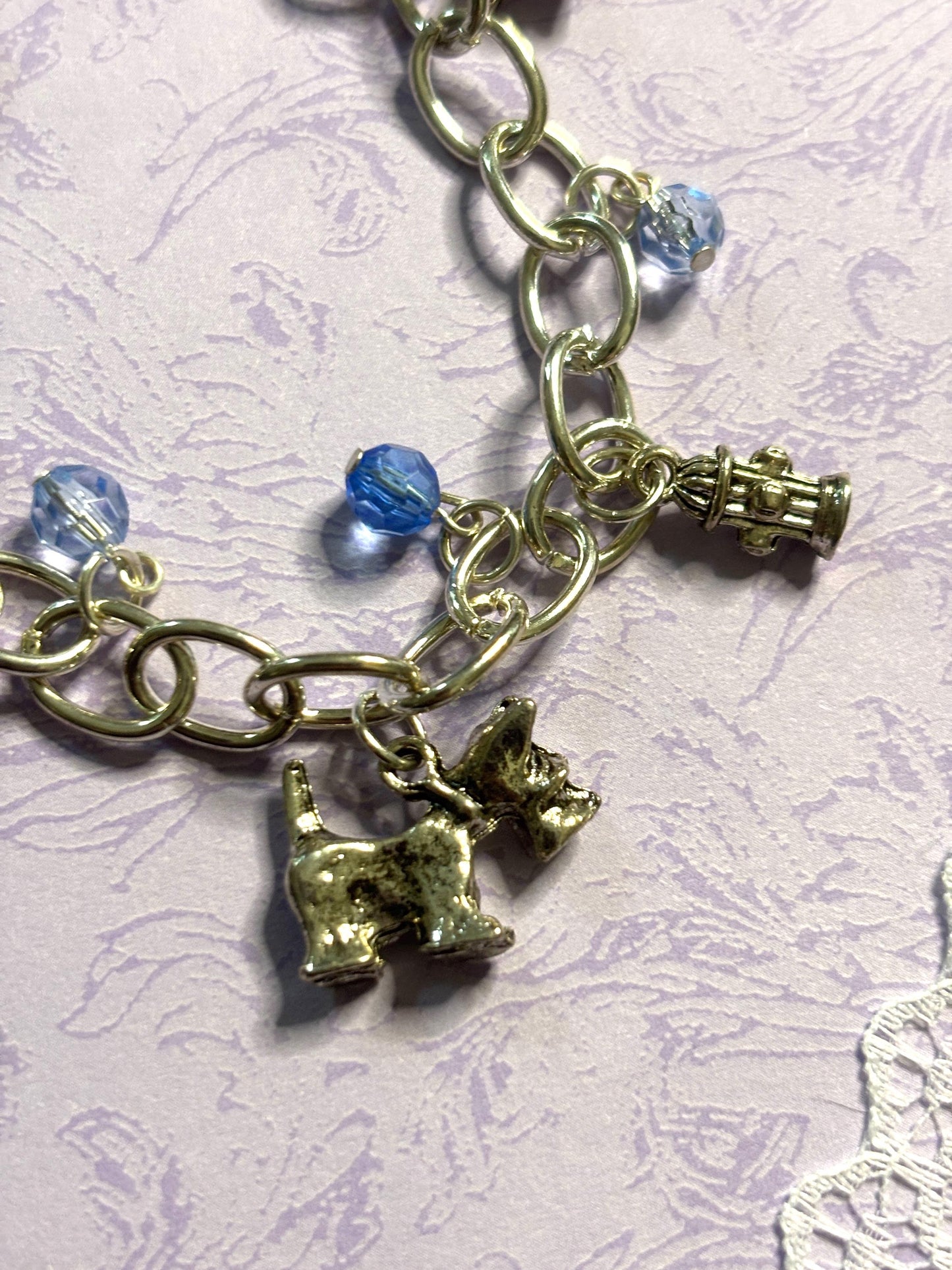 Silver Scottish Terrier Charm Bracelet Dog Lover Jewelry with 3D Scottie Charms Fire Hydrant Dog Bowl and Blue Beads on Silver Chain
