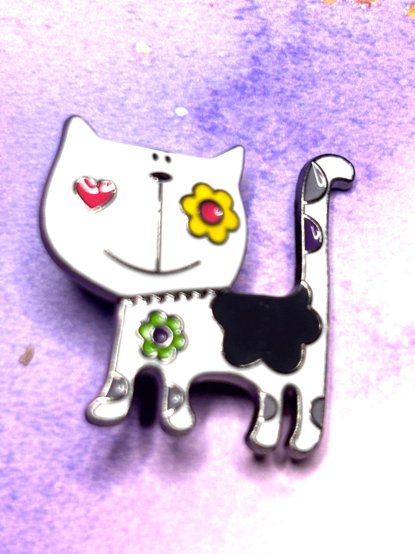 Flower Power Cat Broaches Pins Colorful Baked Enamel Kitty Jewelry Retro Floral Cat Broach Fun Feline Accessories in 4 Bright Options
