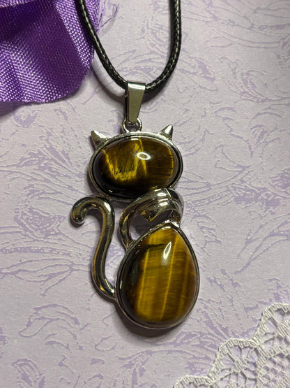 Statement Silver Cat Pendant on 18 Inch Black Cord with Cabochon Options Tiger Eye Rose Amethyst White Green Striped and More