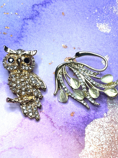 Rhinestone Owl and Swan Broaches Pins Sparkling Animal Jewelry Elegant Gem Accented Broach Cute Owl and Swan Pins for Women