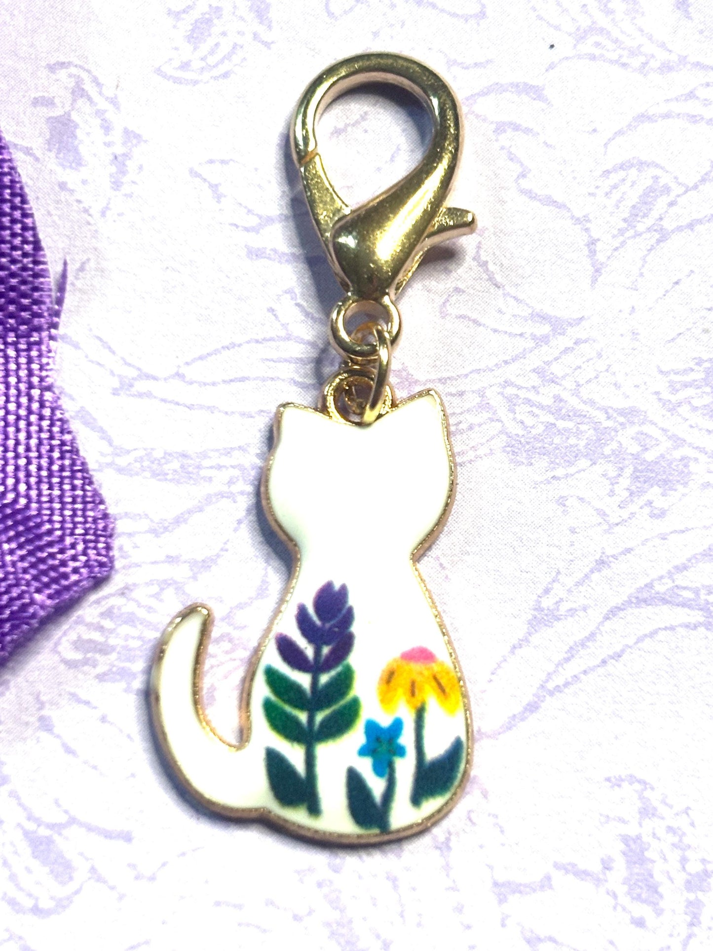 Floral Cat Purse Charm Bag Charm Bookbag Charm Zipper Pull Gold Cat Clip Cute Cat Lover Gift Calico Tabby Floral Cat Accessory