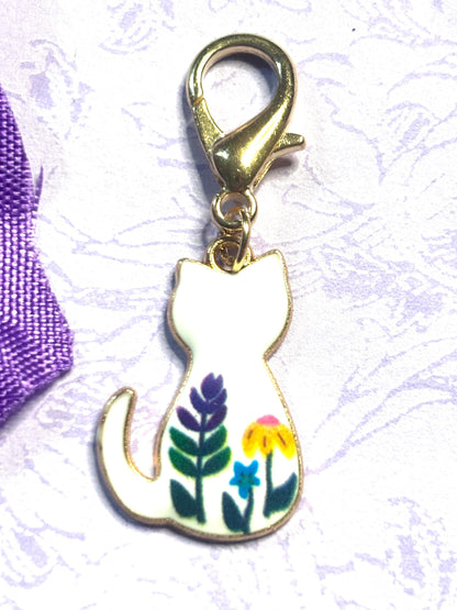 Floral Cat Purse Charm Bag Charm Bookbag Charm Zipper Pull Gold Cat Clip Cute Cat Lover Gift Calico Tabby Floral Cat Accessory