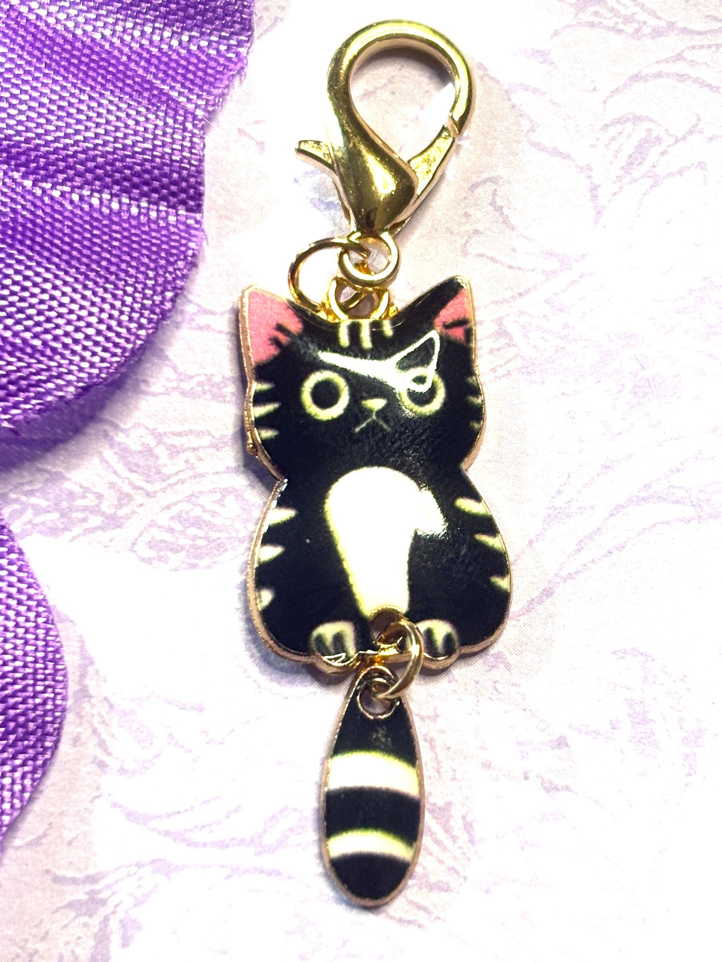 Dangly Tail Cat Purse Charm Bag Charm Bookbag Charm Zipper Pull with Gold Plated Back and Lobster Claw Clasp in Six Fun Cat Colors