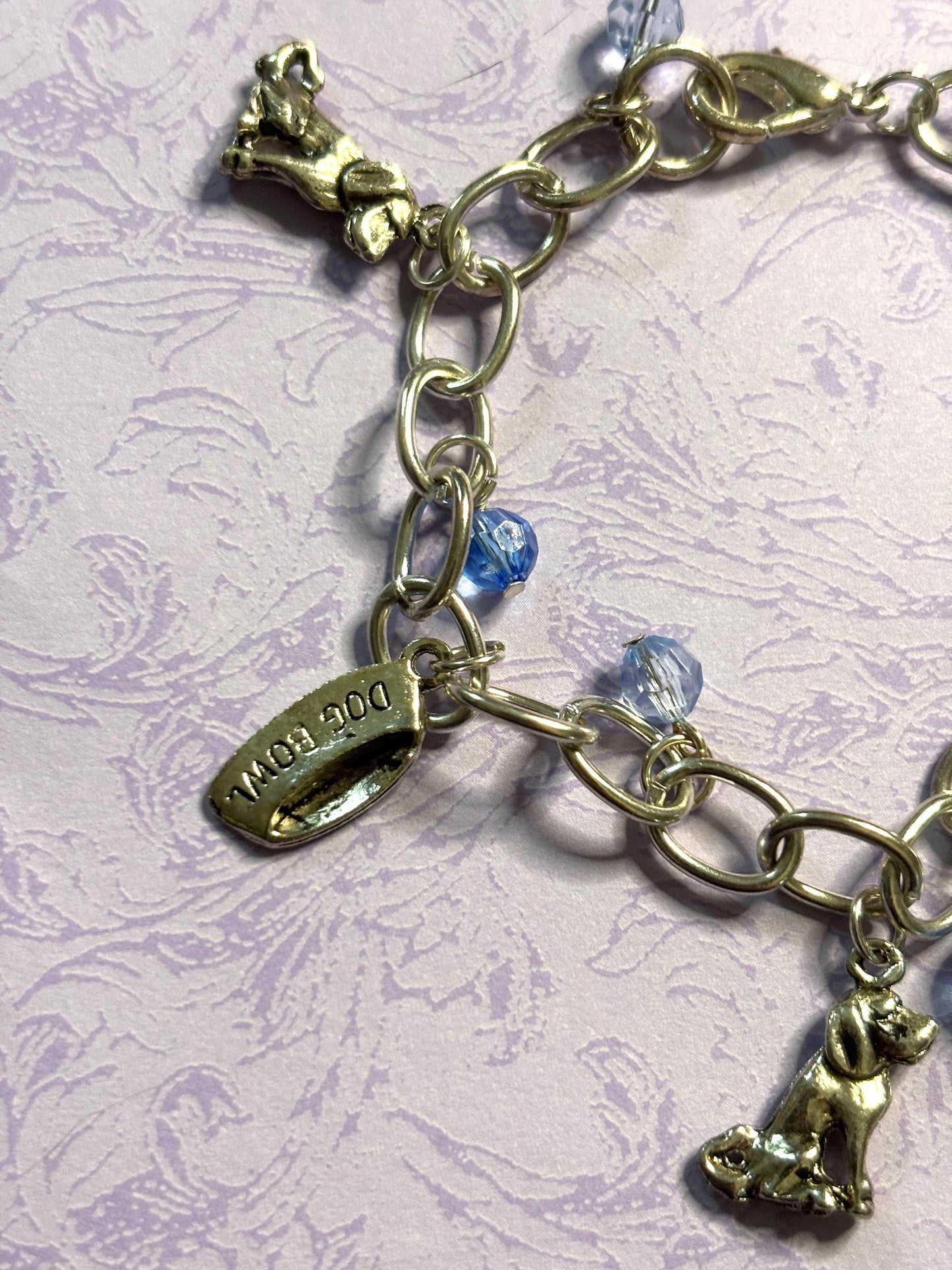 Silver Labrador Retriever Charm Bracelet Dog Lover Jewelry with 3D Lab Charms Fire Hydrant Dog Bowl and Blue Beads on Silver Chain