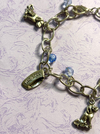 Silver Labrador Retriever Charm Bracelet Dog Lover Jewelry with 3D Lab Charms Fire Hydrant Dog Bowl and Blue Beads on Silver Chain