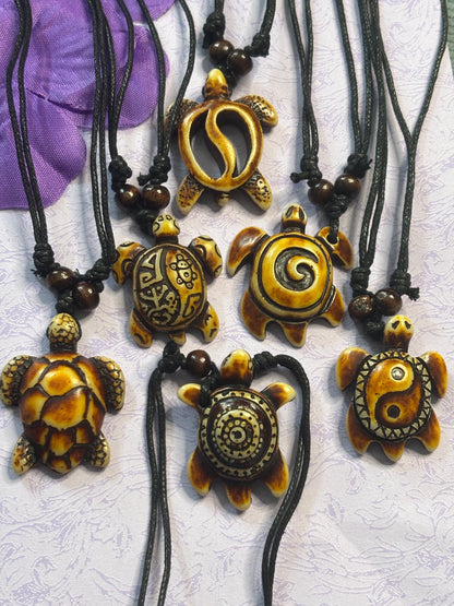 Faux Ivory Turtle Pendant Necklace Adjustable Leather Cord Tribal Style Animal Jewelry Yin Yang Turtle Charm Boho Nature Lover Gift