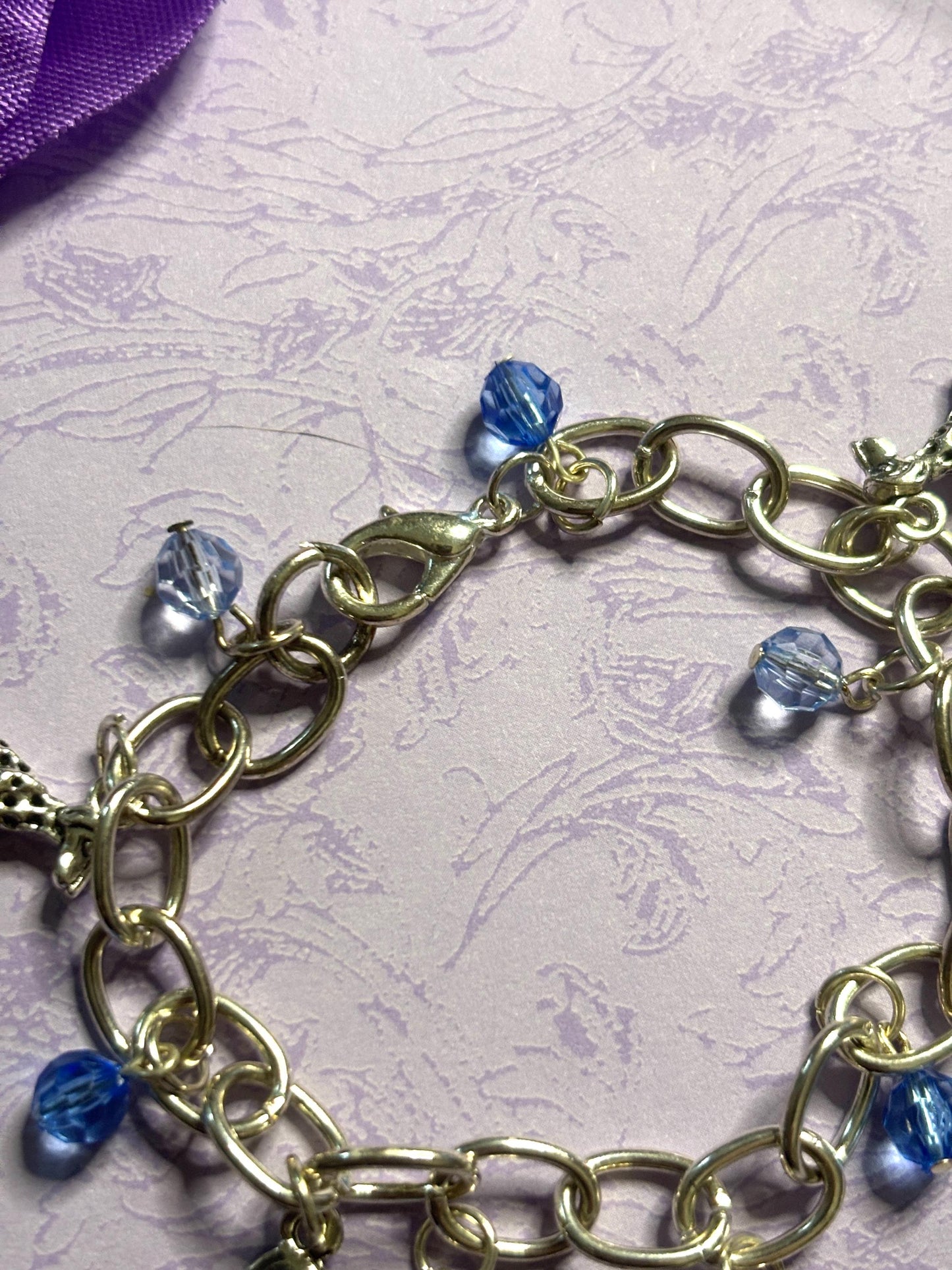 Silver Dalmatian Charm Bracelet Dog Lover Jewelry with 3D Charms Fire Hydrant Dog Bowl and Blue Beads on Silver Plated Chain
