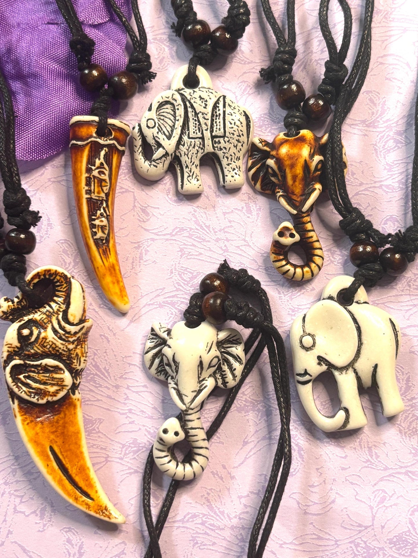 Statement Faux Ivory Elephant Pendant Necklace Adjustable Leather Cord Tribal Style Elephant Jewelry Bold Boho Animal Necklace for Her