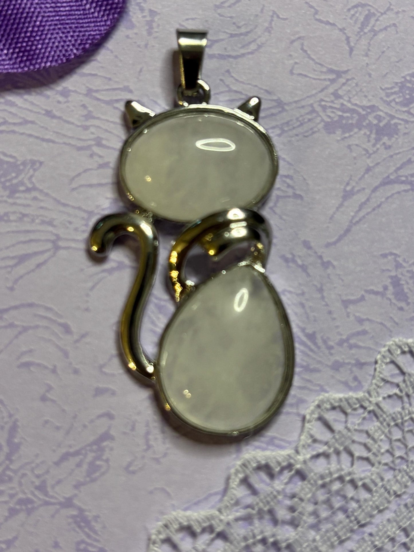 Statement Silver Cat Pendant on 18 Inch Black Cord with Cabochon Options Amethyst Moonstone Moss Green Variegated Blue and More